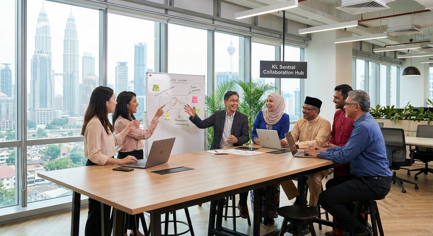 A diverse group of colleagues collaborating in a modern Malaysian office.