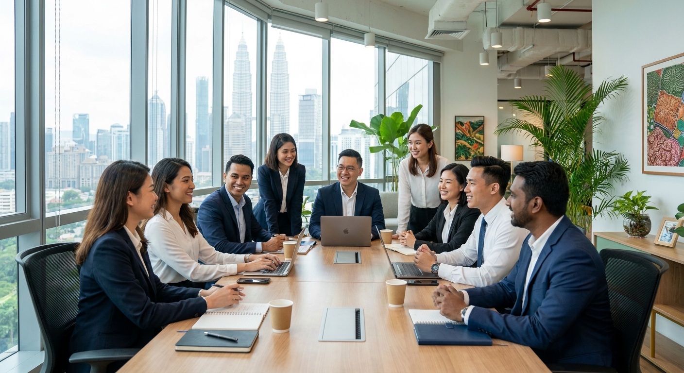 A group of diverse business professionals in a modern Malaysian office.