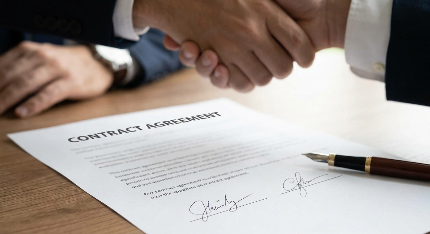 Close-up of a signed contract with two hands shaking in the background.