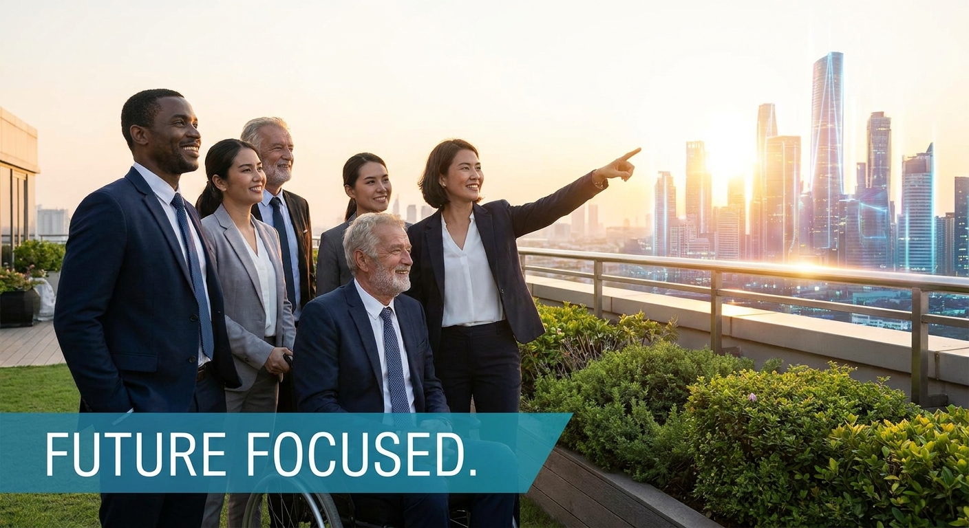 A group of diverse business professionals looking confidently towards the future.