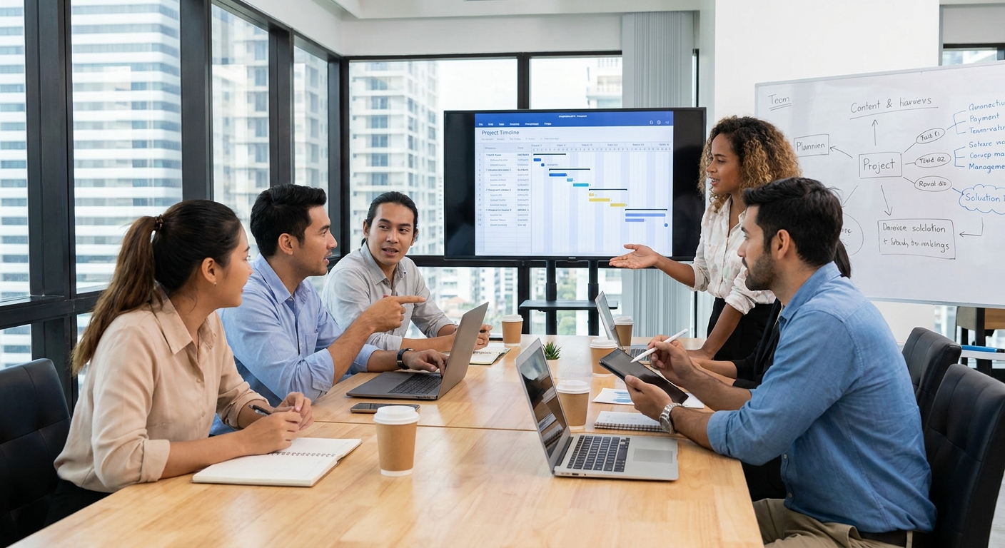 A team of professionals collaborating and planning around a table.