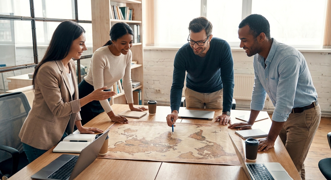 A team of professionals collaborating around a world map.