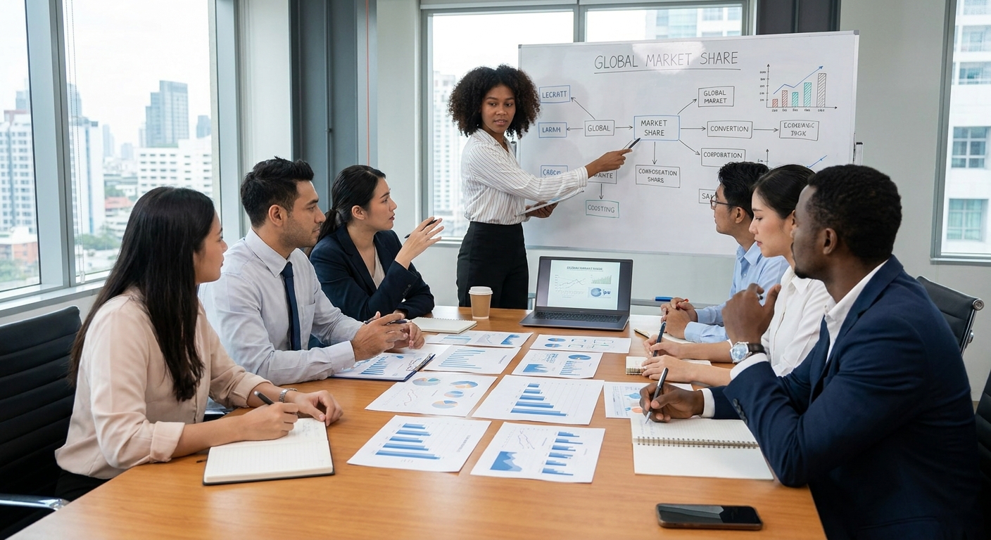 A team of professionals strategising around a table with charts.