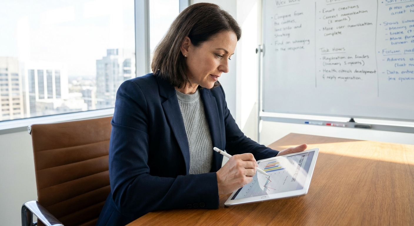 An entrepreneur reviewing business growth charts on a tablet.