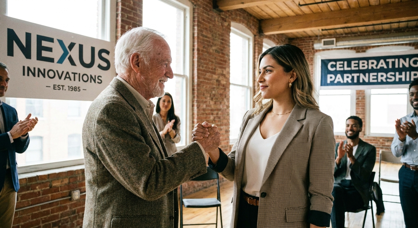 An older business owner shaking hands with a younger entrepreneur.