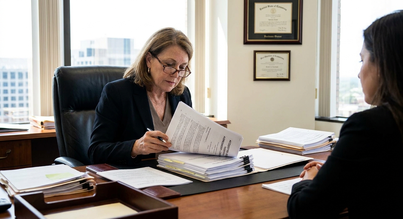 Business owner reviewing acquisition documents.