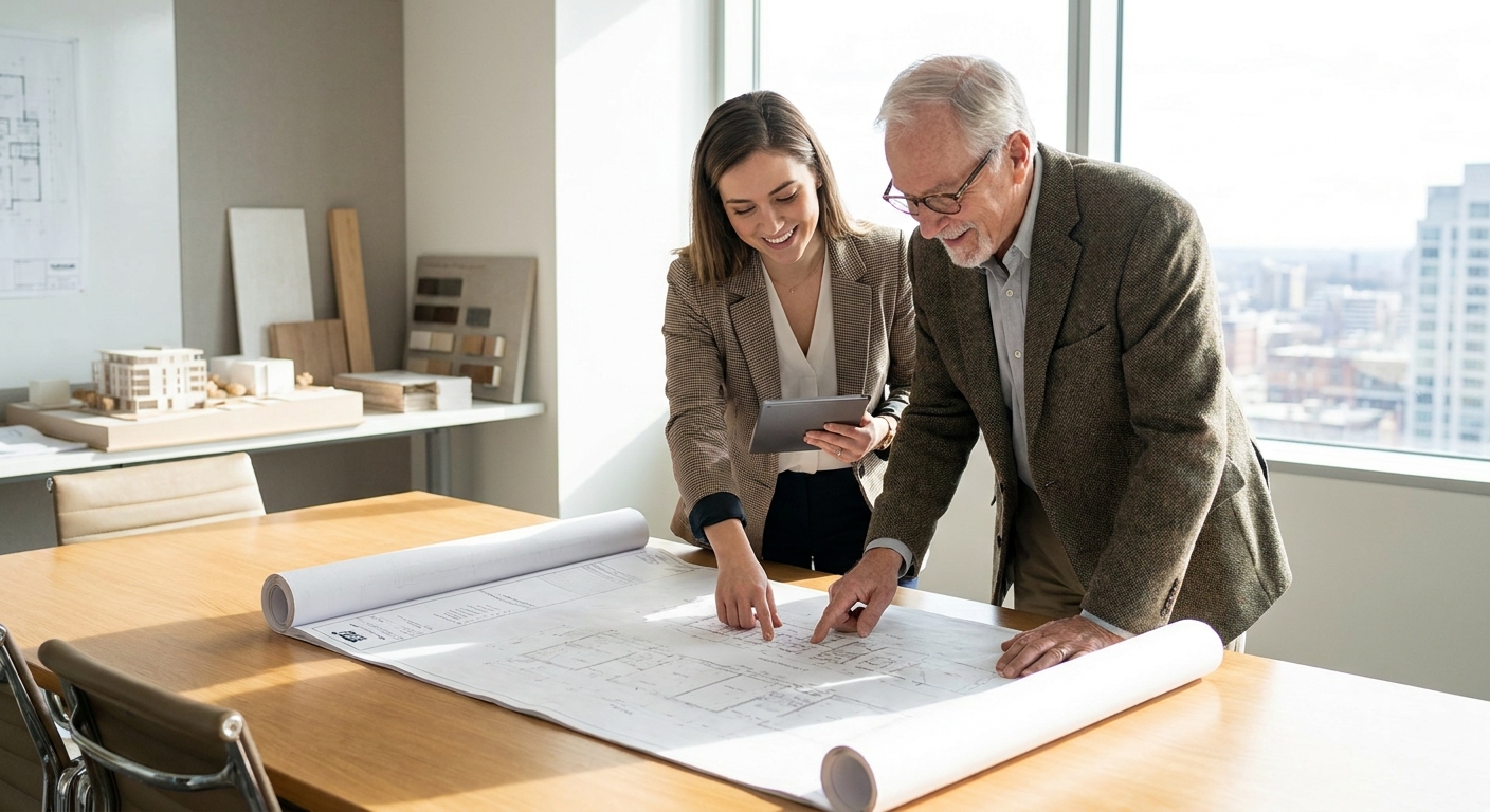 A younger and an older business person looking at a blueprint together.