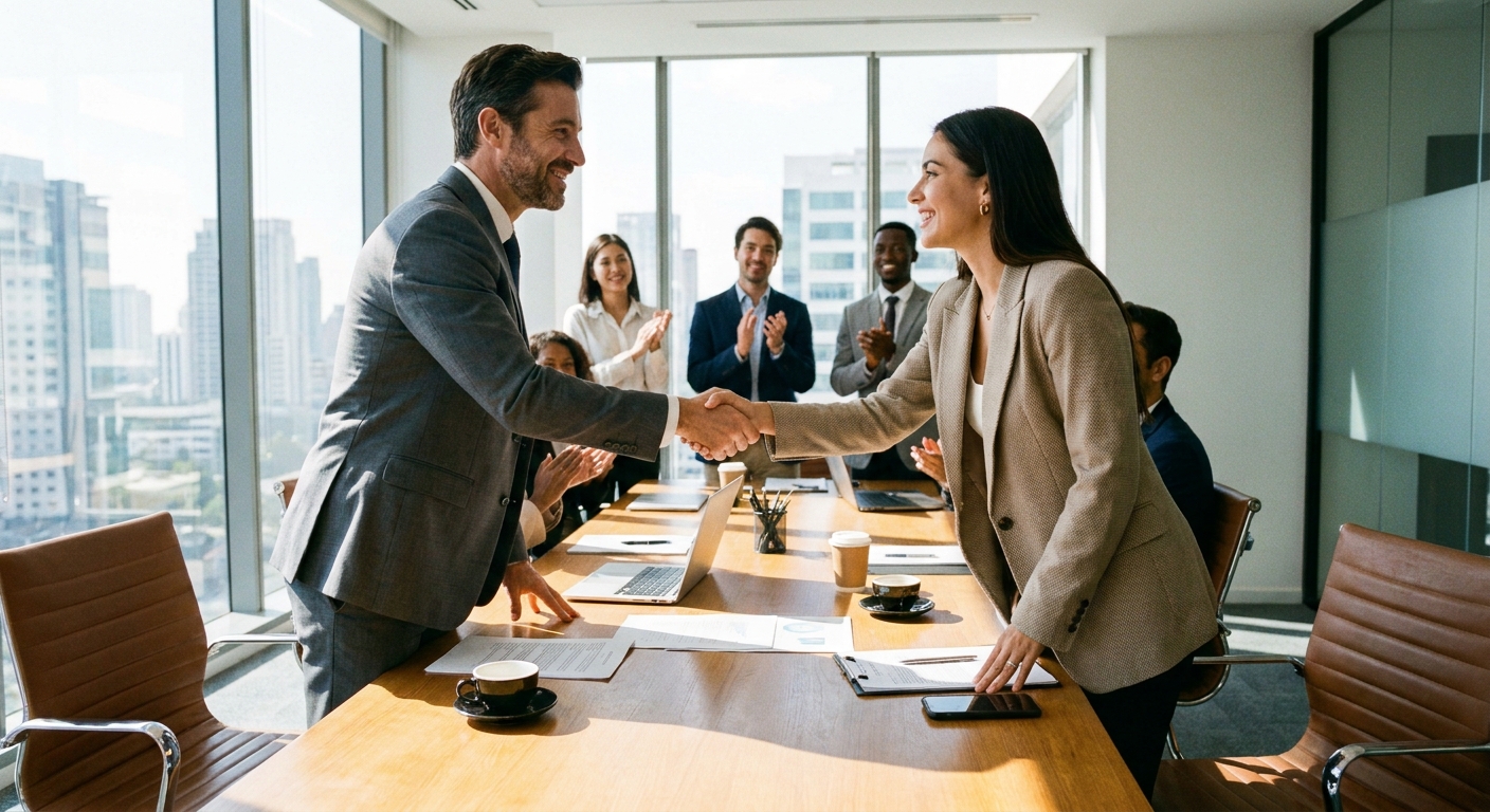 Business owners shaking hands on a deal.