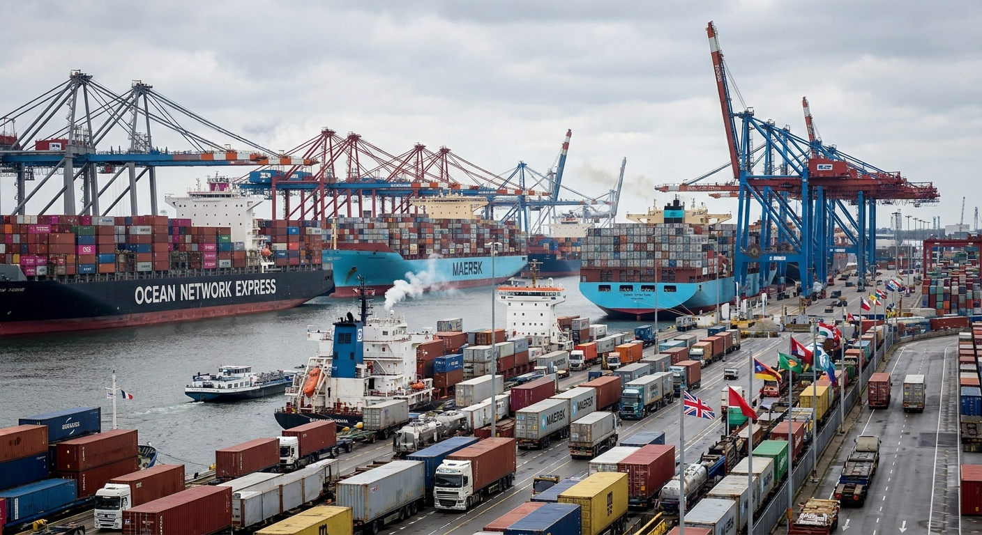 Cargo ships at a busy port, representing the global supply chain.