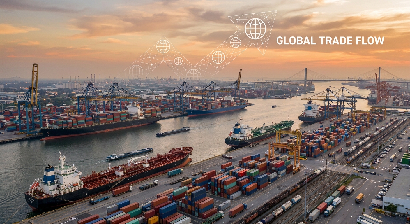 Cargo ships at a busy port, symbolising the flow of global trade.