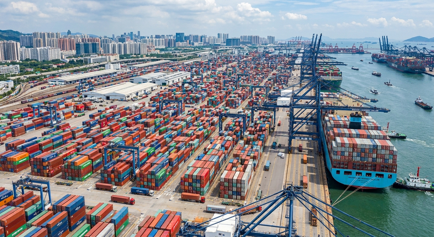 Global shipping containers at a busy port, representing international trade.