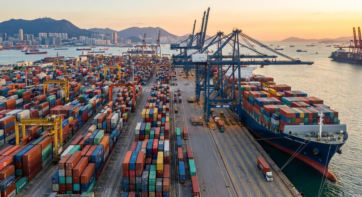 Shipping containers at a port, illustrating the flow of global trade.