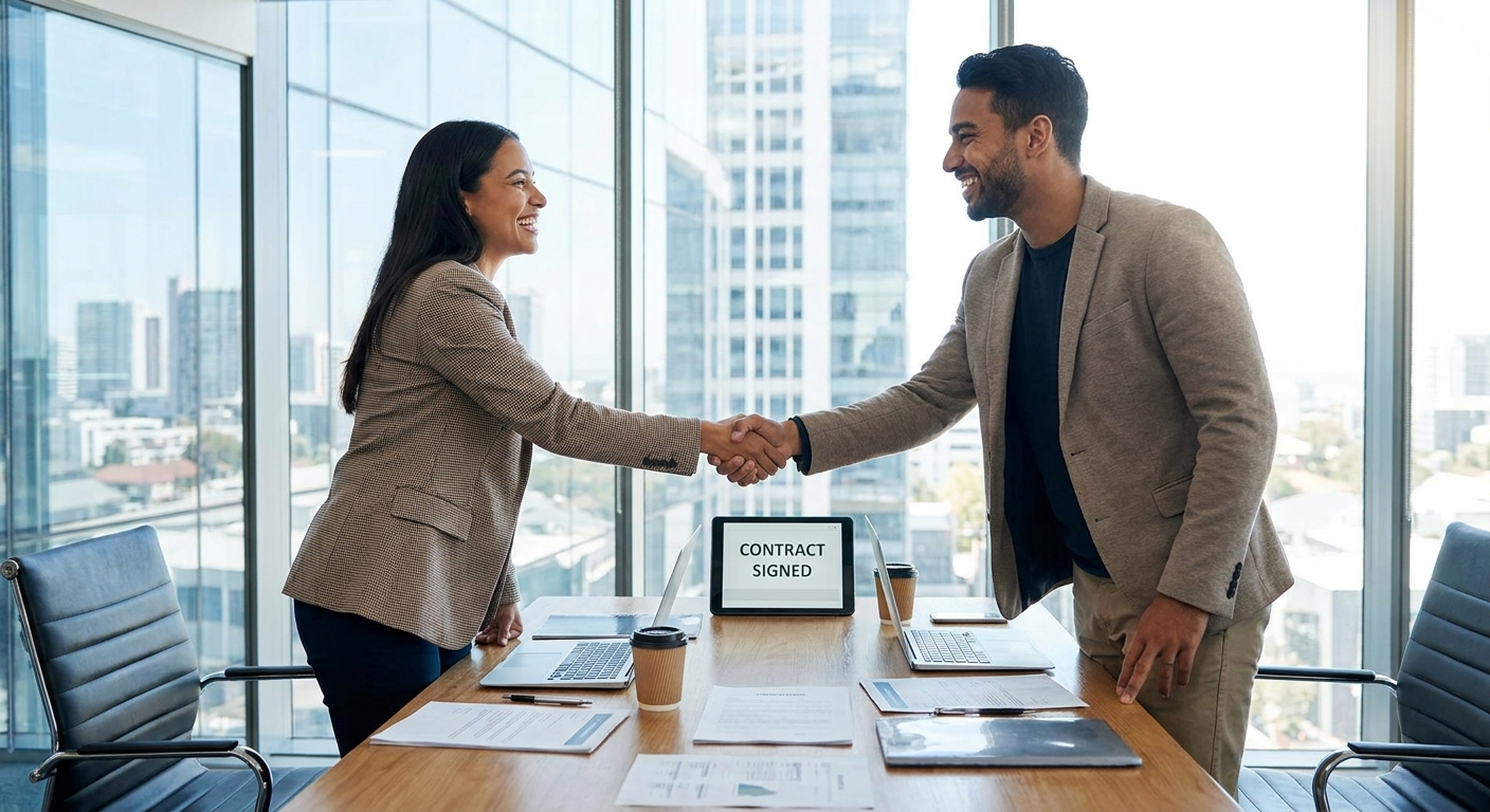 Two entrepreneurs shaking hands after closing a deal.