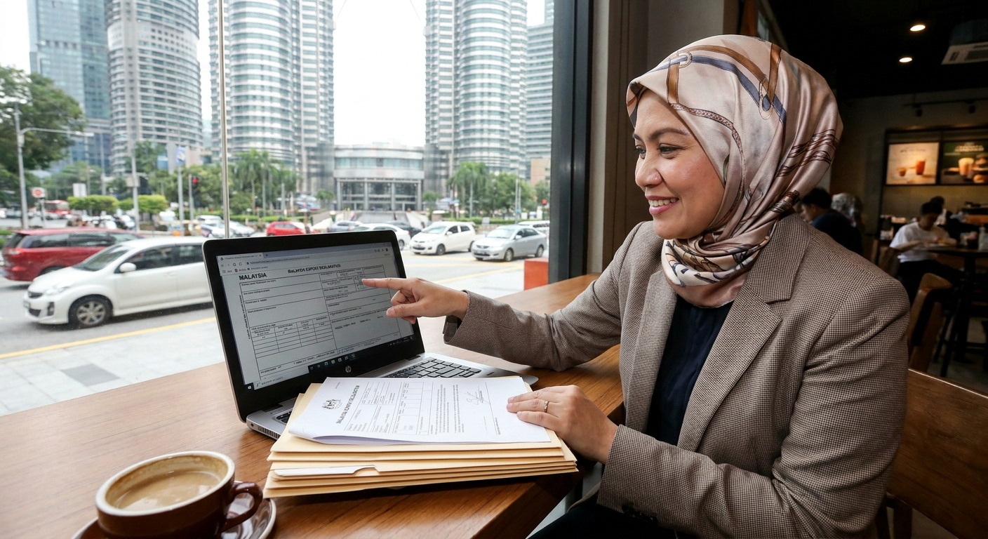 A Malaysian entrepreneur reviewing export documents on a laptop.