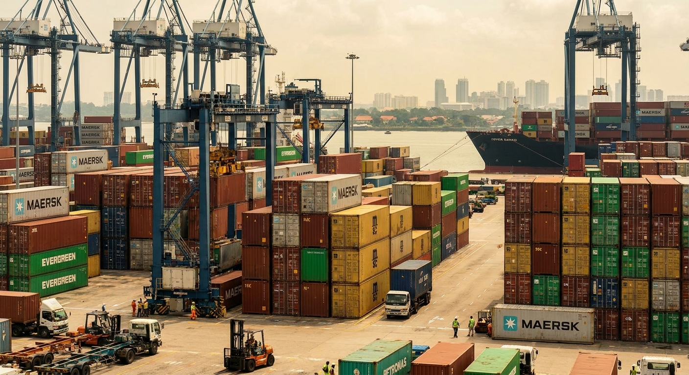 Cargo containers stacked at a busy Malaysian port.