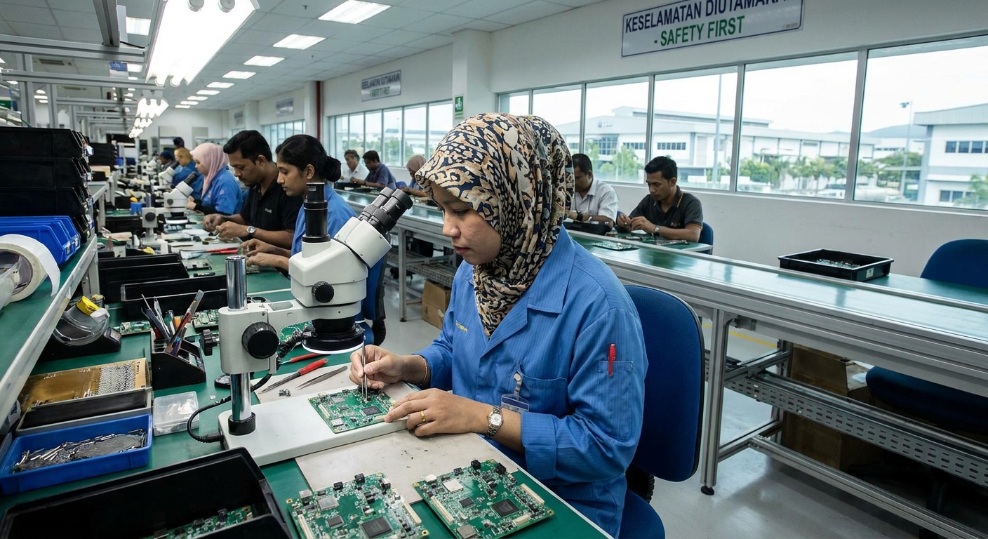 A Malaysian factory worker assembling electronic components.