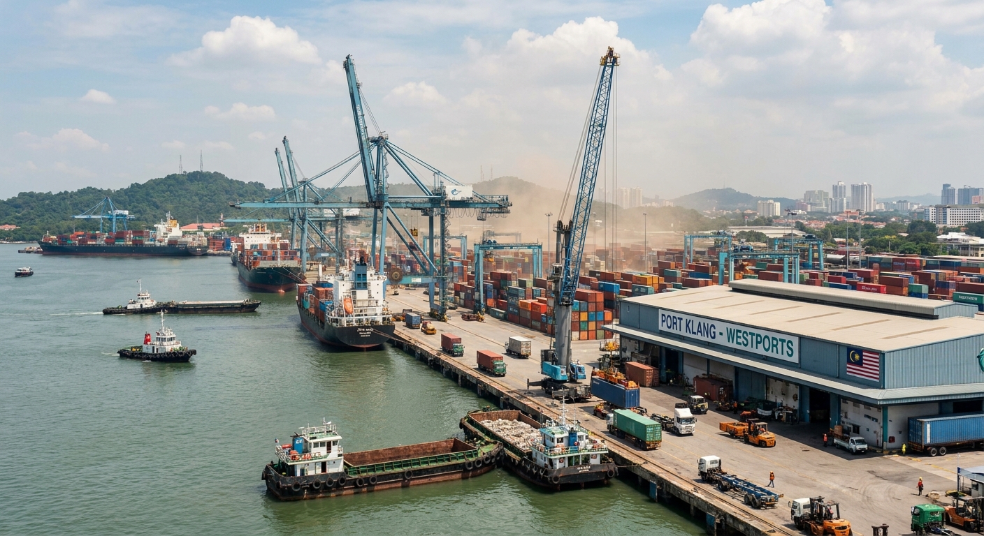 A busy Malaysian port bustling with trade activity.