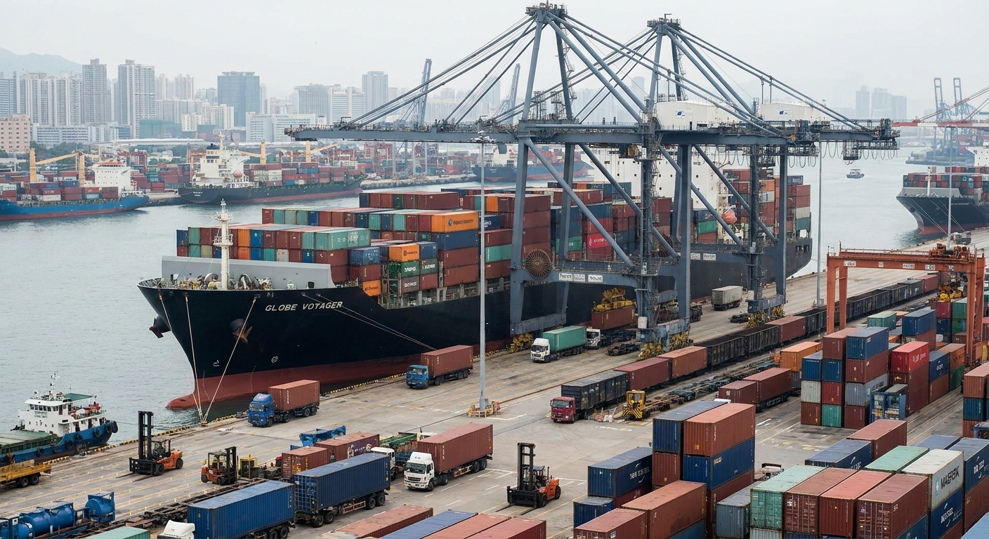 A container ship at a busy port, representing global trade and supply chains.
