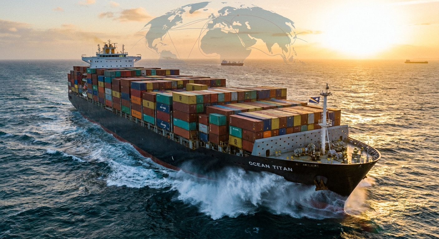 A container ship navigating the open sea, symbolising global trade.