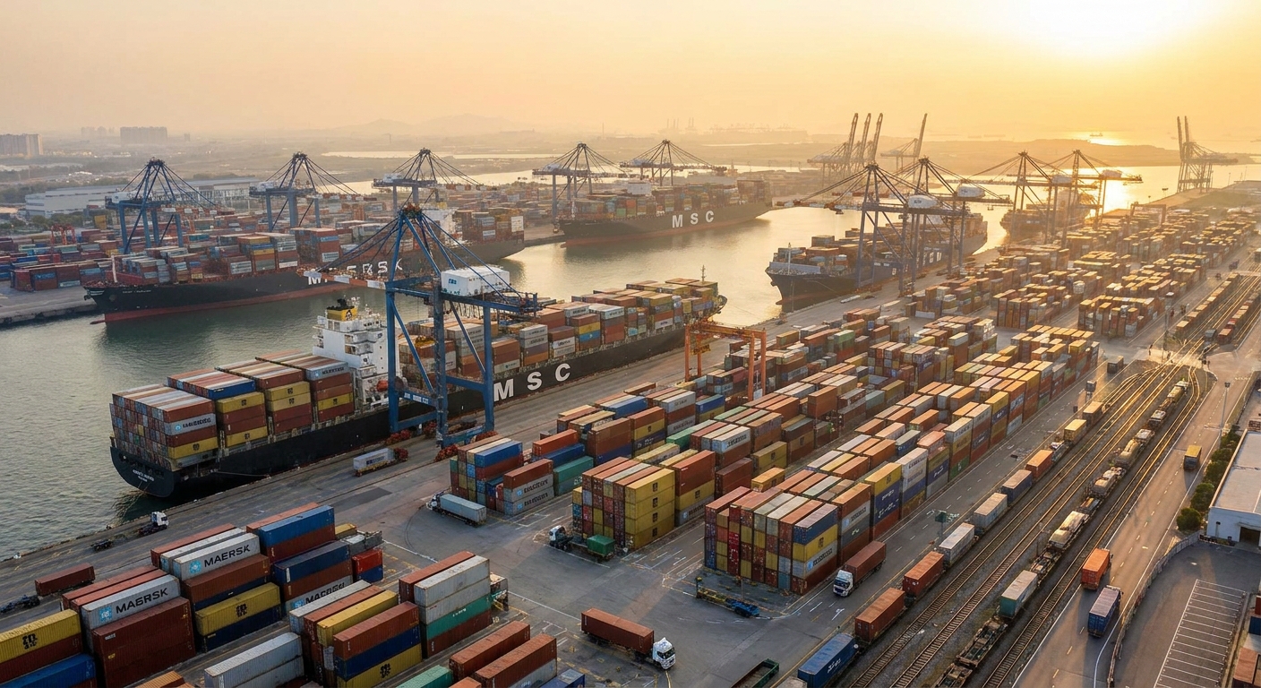 Cargo ships at a busy port, symbolising global trade and supply chains.