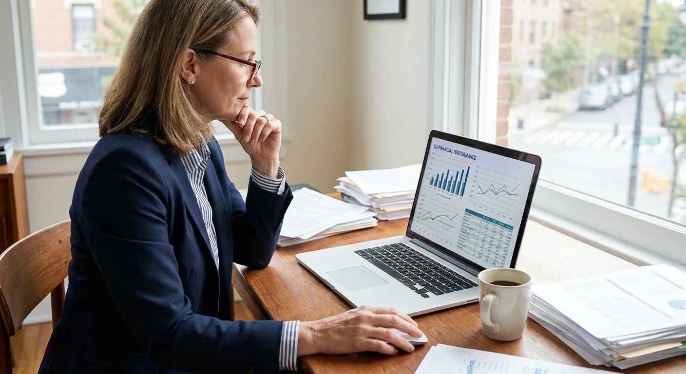 A business owner reviewing charts and financial data on a laptop.
