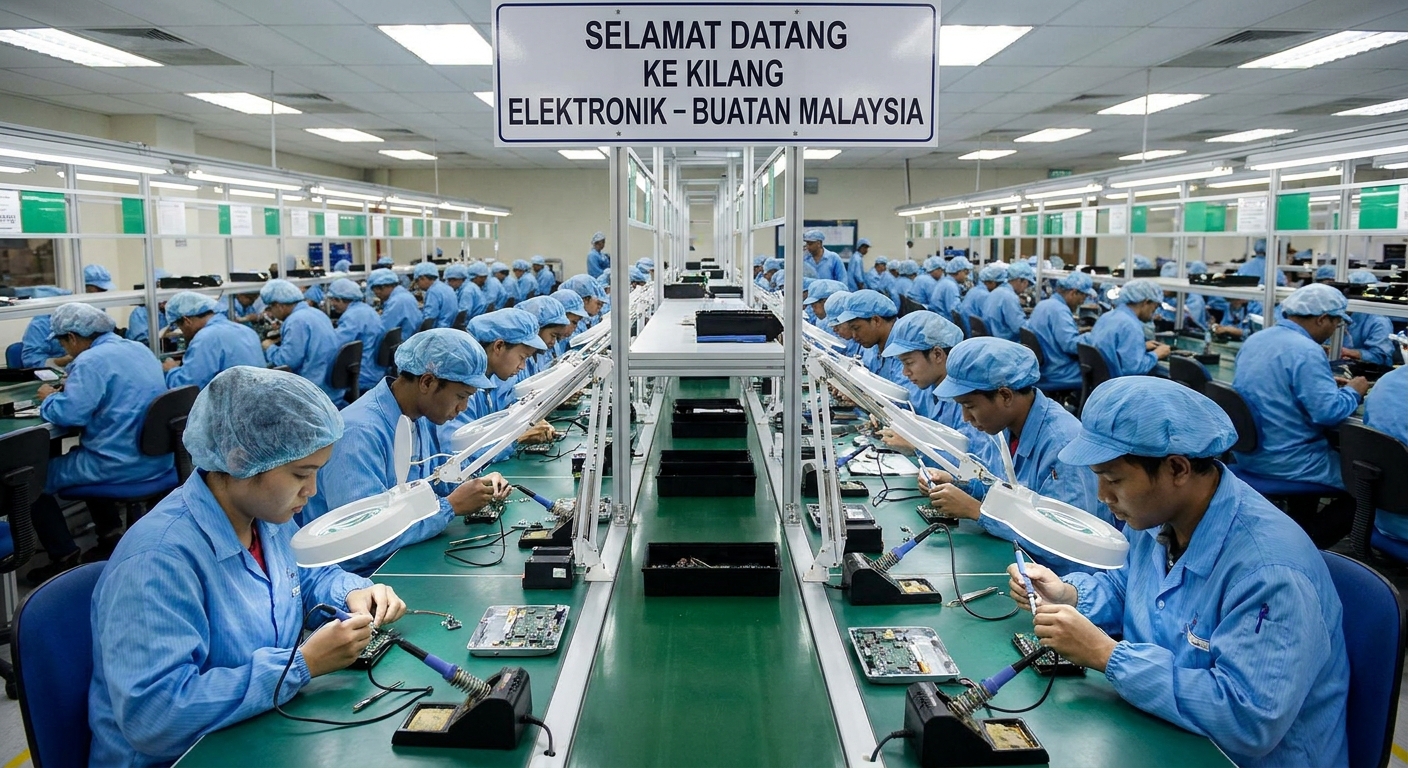 Factory workers assembling electronic components in a Malaysian facility.